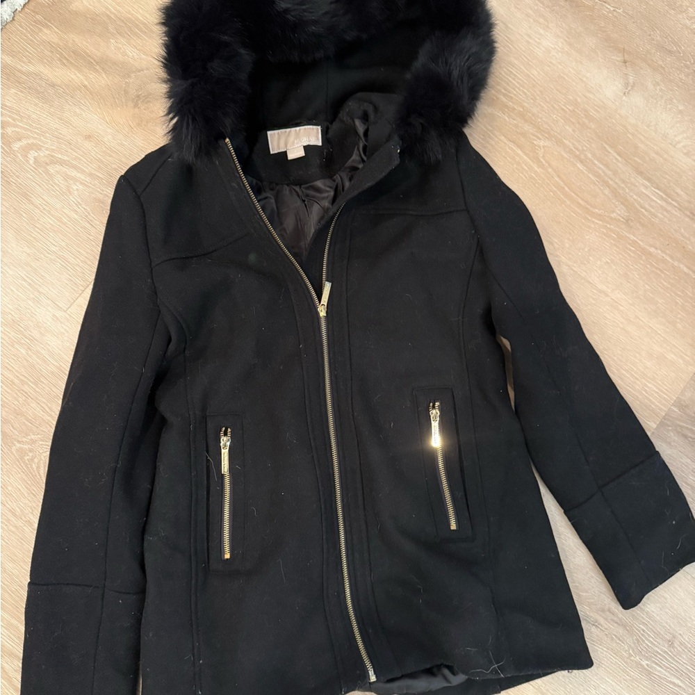 Michael Kors Black Wool Coat with Real Fur Hood